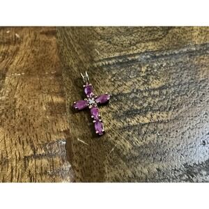 EUC Sterling Silver Natural Ruby w/Diamond Accent Cross Pendant 925